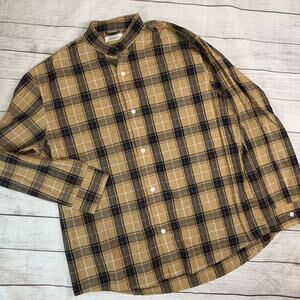 Shuttle Notes NEW Japanese Textile Tan Black Plaid Button Up Shirt Size Large